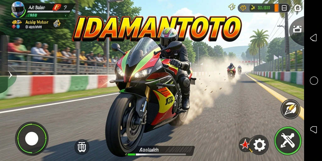 Tangkapan layar gameplay IDAMANTOTO dengan balapan motor mendebarkan.