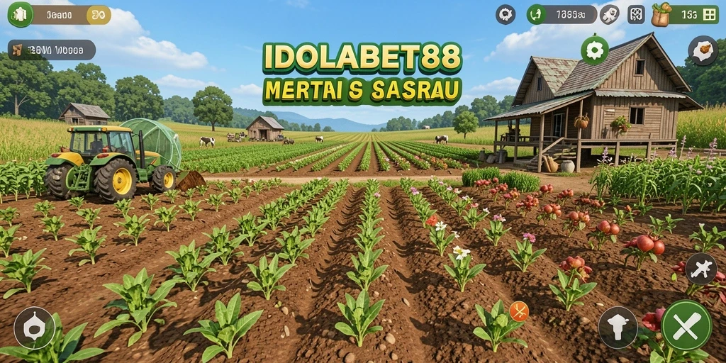 Tangkapan layar gameplay <strong>IDOLABET88</strong> menampilkan ladang terawat dengan tanaman subur.